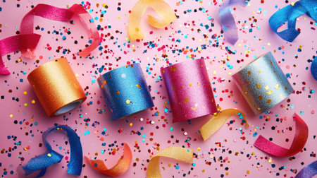 A creative flat lay of colorful self-adhesive tape rolls, ribbons, and glitter on a crafting desk.の素材