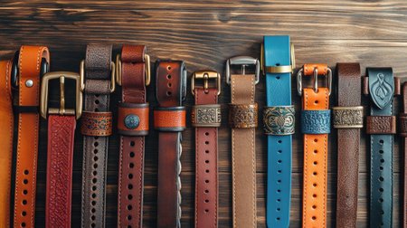 A collection of belts with bold colors and unique buckles arranged randomly on a wooden background.の素材