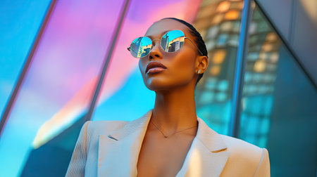 A confident woman in a chic blazer and sleek sunglasses, standing against a modern cityscape background.の素材