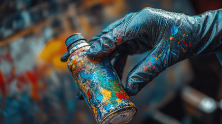 A close-up of a hand in a latex glove gripping a spray paint can, with colorful stains on the glove.の素材