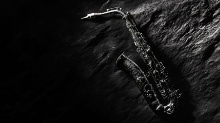 A close-up shot of a saxophone's neck and mouthpiece, gleaming against a subtle textured black surface.の素材