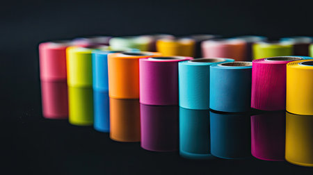 A collection of self-adhesive tape rolls in bright colors, lined up on a reflective black surface.の素材