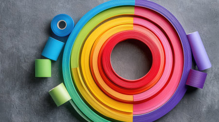 A creative arrangement of adhesive tape rolls forming a circular rainbow on a gray background.の素材