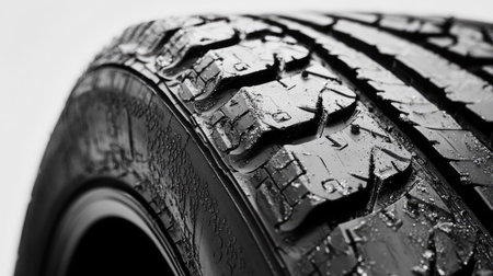 A close-up view of a car tire's sidewall and tread, isolated on a bright white background to highlight its texture.の素材