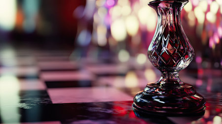 A close-up of a glass bishop captured at an angle, with blurred chessboard patterns in the backgroundの素材