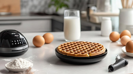A sleek modern waffle maker on a countertop, surrounded by fresh eggs, milk, and flour.の素材