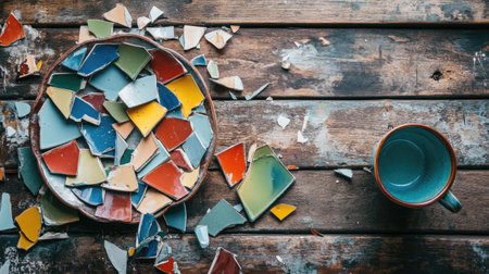A shattered ceramic plate with colorful pieces scattered on a rustic wooden table, with a broken cup beside it.の素材