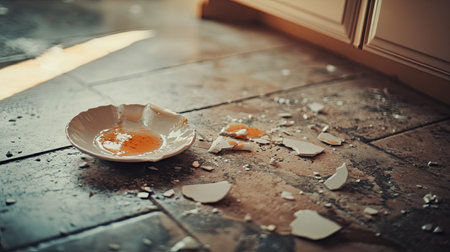A small pile of ceramic shards from a broken plate on a kitchen floor, with a hint of spilled sauce nearby.の素材