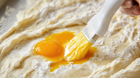 A pastry chef using a silicone brush to spread egg yolk on raw bread dough in preparation for baking a fresh loaf.の素材