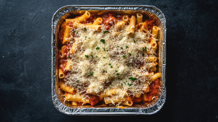 A top-down view of a foil food box filled with a takeaway meal of pasta, sauce, and grated cheese, sealed tightly.の素材