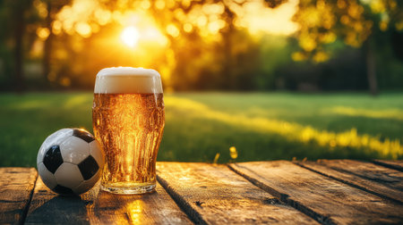 A soccer ball and a frothy beer on a wooden surface, with a green field in the background.の素材