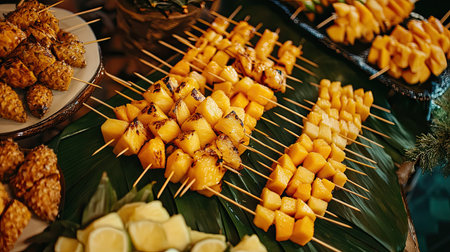 A top-down view of fresh fruit skewers with tropical fruits like mango and pineapple, arranged elegantly on a buffet table.の素材