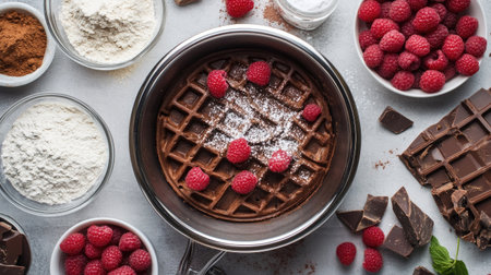 A stylish waffle maker surrounded by ingredients like cocoa powder, flour, and fresh raspberries.の素材