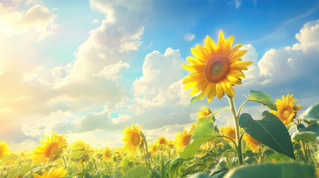 A sunny sunflower field with vibrant yellow petals, set against a cloudy blue sky in a rural landscape.の素材