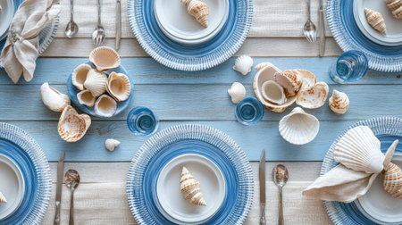 A seaside-themed table with blue-and-white plates, shell decorations, and sand-colored napkins.の素材