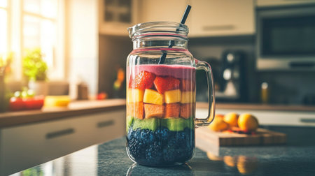 A smoothie blender jar with a rainbow of fruits layered inside, set in a clean and modern kitchen.の素材
