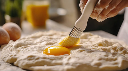 A pastry chef in action, delicately applying egg yolk to raw bread dough using a silicone brush, preparing it for the oven.の素材