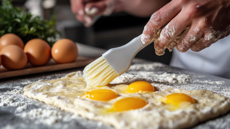 A pastry chef applying egg yolk to raw bread dough using a silicone brush, preparing for a perfect golden crust.の素材