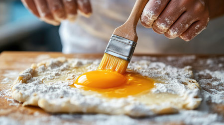 A pastry chef brushing egg yolk onto raw bread dough, ensuring an even coat before placing the dough in the oven.の素材