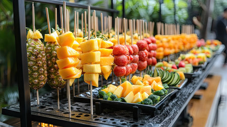 A selection of fruit skewers with a mix of tropical fruits like mango, pineapple, and papaya, perfect for a buffet.の素材