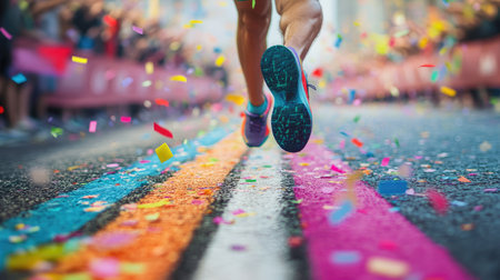 A runner crossing a finish line painted on a road, with confetti and cheering crowds in the background.の素材