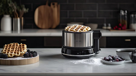 A sleek stainless steel waffle maker on a kitchen island, with powdered sugar and berries nearby.の素材