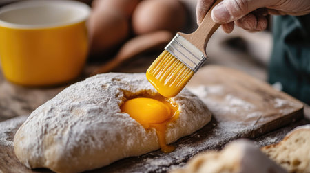 A professional pastry chef applying a thin layer of egg yolk on raw bread dough with a silicone brush, ready for baking.の素材