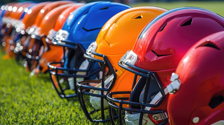 A stack of youth football helmets in vibrant colors on a recreational field.の素材