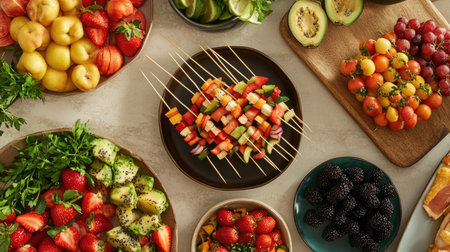 A serving table with fresh fruit skewers and a variety of other appetizers for a buffet-style gathering.の素材