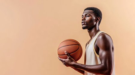 A basketball player ready to shoot, holding the ball in both hands, isolated on a neutral beige background.の素材