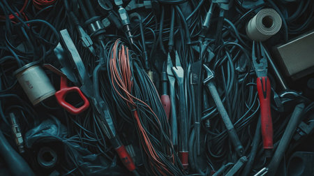 A collection of tools, including electrical tape, screwdrivers, and pliers, surrounding insulated wires.の素材
