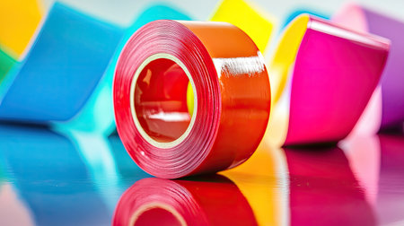 A close-up of a red self-adhesive tape roll being peeled off, with other colors in the background.の素材