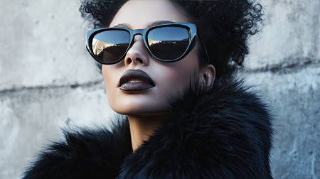 A bold fashion statement featuring a woman in oversized black sunglasses and a dramatic faux fur coat.の素材