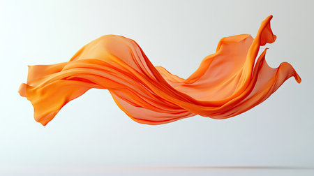 A bright orange t-shirt in mid-air with its fabric swirling gracefully, highlighted against a white background.の素材