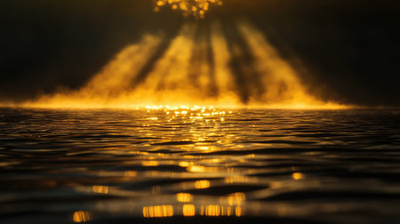 A burst of golden light rays glowing and dancing in the darkness, casting soft reflections on the surface.の素材