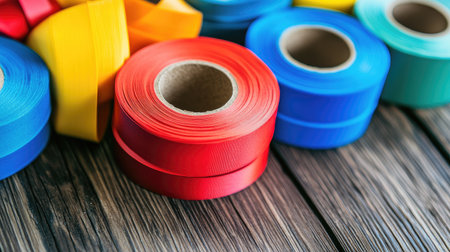 A close-up of vibrant self-adhesive tape rolls in shades of red, blue, yellow, and green, lying flat on a wooden surface.の素材