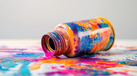 A brightly colored spray paint can tipped over, spilling paint onto a white surface.の素材