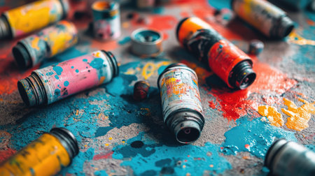 A collection of spray paint cans scattered on the ground, surrounded by splashes of bright paint.の素材