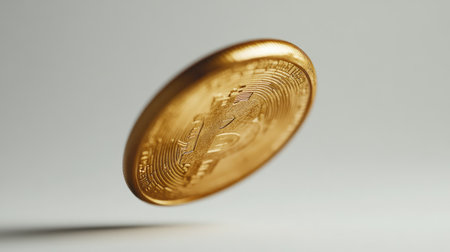 A close-up of a single golden bitcoin coin, highlighting its embossed logo, against a white backdrop.の素材