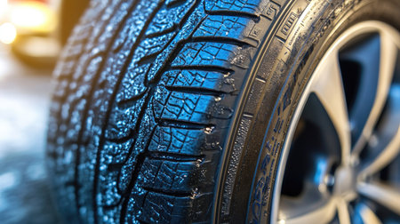 An isolated view of a car tire showcasing the sidewall logo and tread, with sharp focus on the tire's texture.の素材