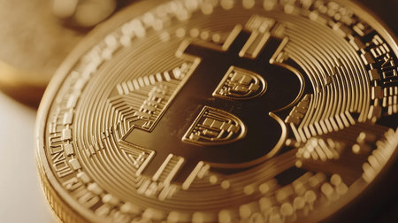 A close-up of a single golden bitcoin coin, highlighting its embossed logo, against a white backdrop.の素材