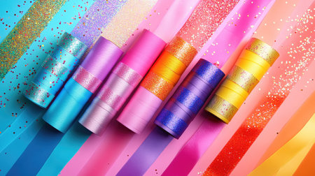 A creative flat lay of colorful self-adhesive tape rolls, ribbons, and glitter on a crafting desk.の素材