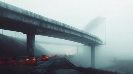 An overpass on a foggy highway, with vehicles barely visible in the mist below.の素材