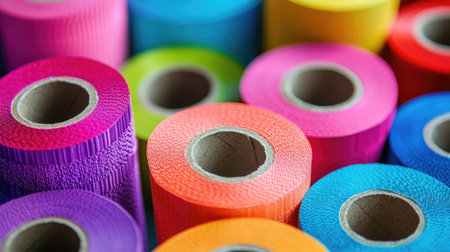 A close-up of the edges of stacked adhesive tape rolls in various vibrant colors.の素材