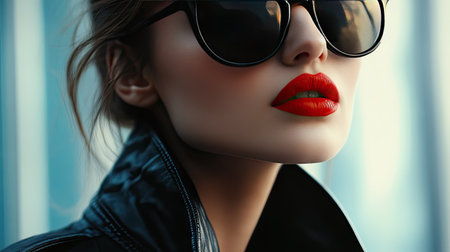 A close-up of a stylish woman in black sunglasses, paired with a leather jacket and bold red lipstick.の素材