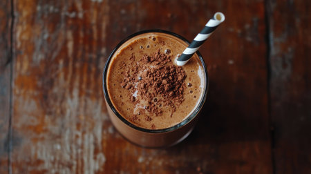 A chocolate protein shake in a glass, topped with cocoa powder and a striped straw, on a wooden table.の素材