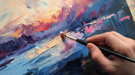 A beginner's hand holding a brush, mixing primary colors on a clean palette for the first time.の素材