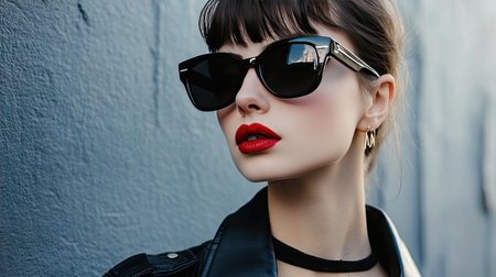 A close-up of a stylish woman in black sunglasses, paired with a leather jacket and bold red lipstick.の素材