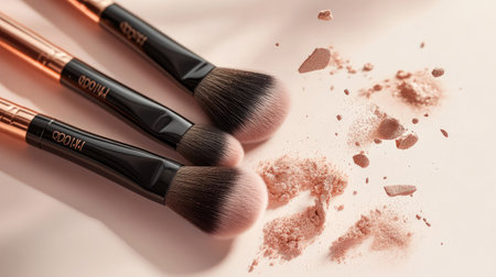 Natural bristle brushes lying on a surface with a splash of rose and gold makeup powder swirling in the air above them.の素材