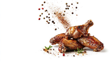 Roasted chicken wings with a burst of spices flying above them, adding a flavorful touch, isolated on a white background.の素材